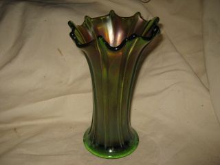 Northwood 7 - 1/2 " Green Rib Vase Carnival Glass Iridescent Signed