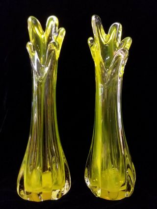 Pair - Mid Century Modern Art Glass Yellow Clear Stretch Swung Vases 5 Finger