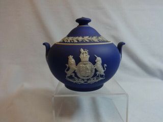 Dark Blue Wedgwood Jasperware Covered Sugar Bowl W Royal Crest Vintage
