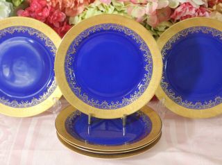 Stunning,  Josef Kuba,  Carlsbad,  Mazarine Blue And Gold Encrusted Dessert Plates
