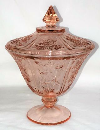 Federal Sharon/cabbage Rose Pink 8 " Candy Jar W/cover