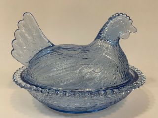 Vintage Blue Indiana Glass Hen On Nest Nesting Chicken Covered Dish Farmhouse