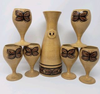 The Pottery Hawaii Carafe & Six Wine Glasses Lava Glaze Vintgae