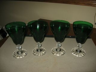 Set Of Four Fostoria Colony Pattern Water Goblets With Forest Green Bowls