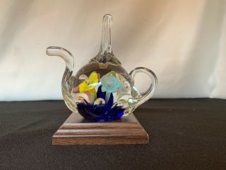 Vintage St.  Clair Blown Art Glass Teapot With Flowers Ring Holder Paperweight