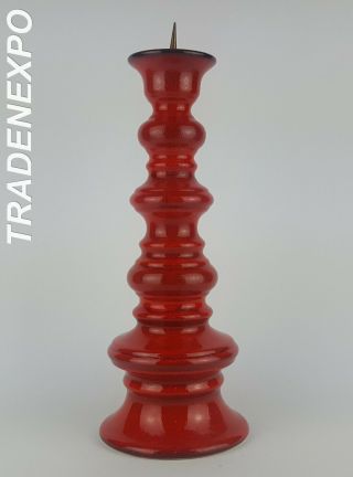13.  8 " Tall Vintage 1960 - 70s West German Pottery Red Candle Holder Fat Lava Era