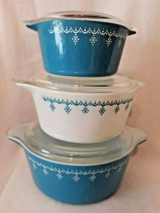 3 Pc Vintage Blue Pyrex Garland Snowflake Casserole Set W/lids 475 - B,  474 - B,  473