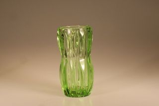 Vintage Mid - Century Modern Czech Glass Green Vase Geometric C.  1960