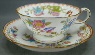 Minton Cuckoo 3934 Pattern Hand Colored Porcelain Tea Cup & Saucer C.  1891 - 1902