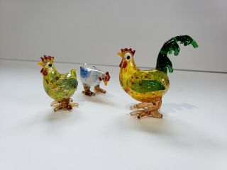 Lenox Art Glass Set 1 Rooster 2 Chickens Ruckus Miniature Hand Blown Figurines