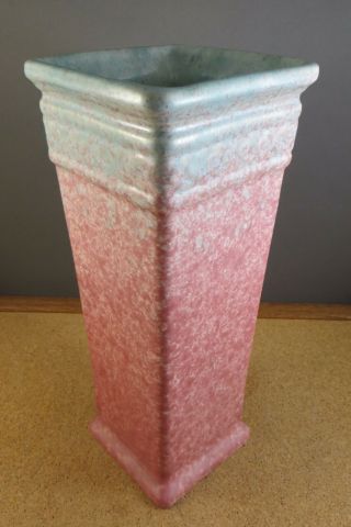 Vintage Pink To Blue Speckled Square Rim Pottery Vase 9 " Tall