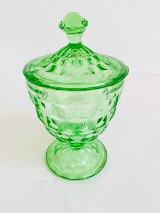 4 " X 6 1/2 " Green Glass Footed Jar With Lid
