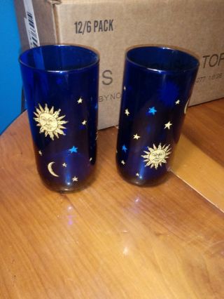 2 Vintage Libbey Cobalt Blue Celestial Sun Moon Stars Tumbler Glasses Usa Made