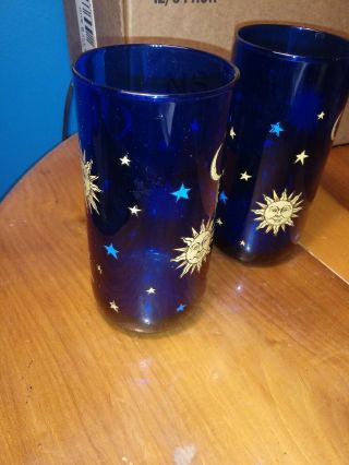 2 Vintage Libbey Cobalt Blue Celestial Sun Moon Stars Tumbler Glasses USA made 2