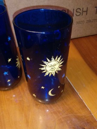 2 Vintage Libbey Cobalt Blue Celestial Sun Moon Stars Tumbler Glasses USA made 3