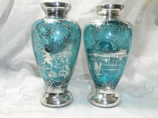 Set Of 2 Vintage Blue Venetian Glass Vases With Silver Overlay Cherubs & Water