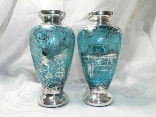 SET OF 2 VINTAGE BLUE VENETIAN GLASS VASES WITH SILVER OVERLAY CHERUBS & WATER 2