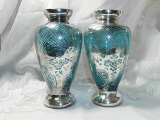 SET OF 2 VINTAGE BLUE VENETIAN GLASS VASES WITH SILVER OVERLAY CHERUBS & WATER 3