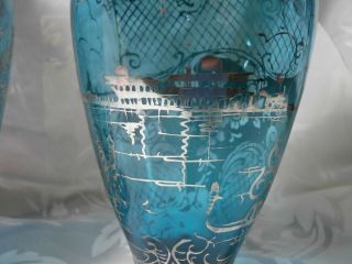 SET OF 2 VINTAGE BLUE VENETIAN GLASS VASES WITH SILVER OVERLAY CHERUBS & WATER 5