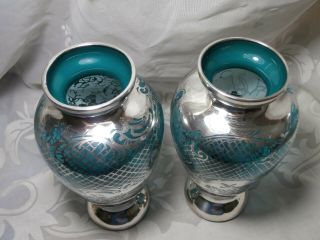 SET OF 2 VINTAGE BLUE VENETIAN GLASS VASES WITH SILVER OVERLAY CHERUBS & WATER 6