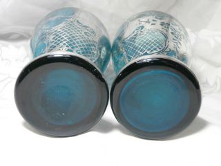 SET OF 2 VINTAGE BLUE VENETIAN GLASS VASES WITH SILVER OVERLAY CHERUBS & WATER 7