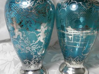 SET OF 2 VINTAGE BLUE VENETIAN GLASS VASES WITH SILVER OVERLAY CHERUBS & WATER 8
