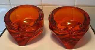 Vtg Pr Viking Art Glass Ashtrays Persimmon Orange Tripod Orb Mid Century Modern