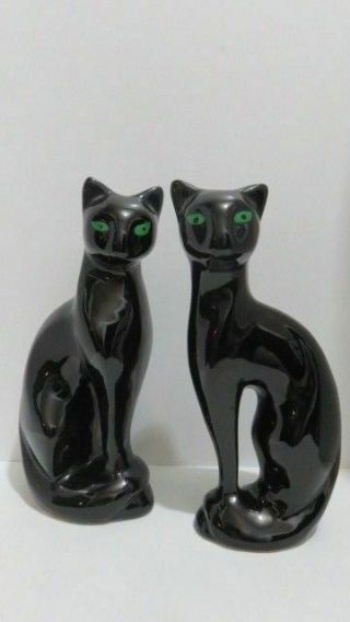 Vtg Black Green Eyed Cat Figurines Statue Mid Century Modern Ceramic 13 " High