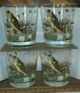 Vintage Libbey Glass Bass Fishing Whiskey Low Ball Drinking Glass Set Of 4