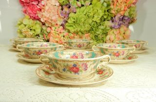 6 Syracuse China Porcelain Cream Soup Cups & Saucers Romance Floral Scrolls Gold