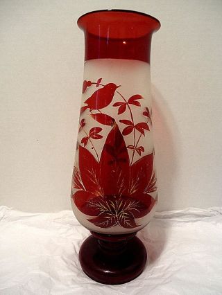 Antique Victorian Ruby Stained Flashed Frosted Vase Tall Gold Bird Flowers Red