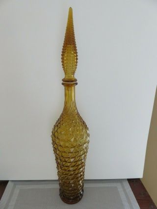 Vintage Italy Empoli Diamond Cut Amber Genie Bottle 22 Inches High With Stopper