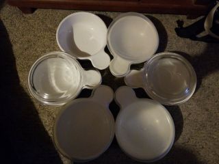 6 Vintage Corning Ware White Grab It Bowls P150 - B With 2 Glass 3 Plastic Lids