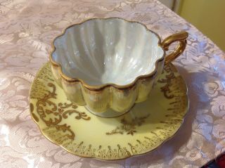 Vintage Royal Sealy Iridescent Yellow Gold Footed Tea Cup Saucer Set Lusterware