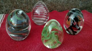 4 Egg Shaped Art Glass Paperweight - Swirled & Coiled Design - Marked Tww