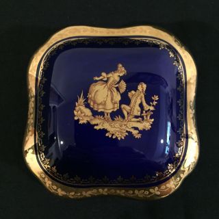 Vintage Limoges France Cobalt Blue Stepping Out 4” Square Trinket Box
