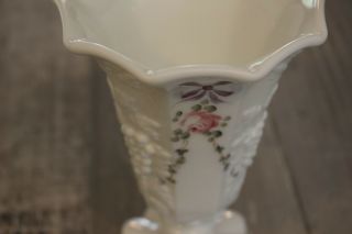 Vtg Westmoreland Milk Glass Vase Paneled Grape Painted Roses Bows Pink LOVELY 3