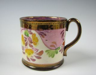 Antique Copper And Pink Luster Staffordshire Childs Mug Enamel Decorated 19th C.