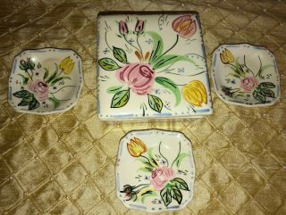 Blue Ridge Hand Painted Underglaze Southern Potteries Box With 3 Dishes