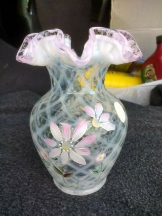 Fenton Glass Vase Pink Clear White Lattice Hand Painted Flowers Ruffle Rim Top