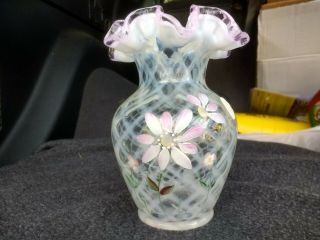Fenton glass vase pink clear white lattice hand painted flowers ruffle rim top 2