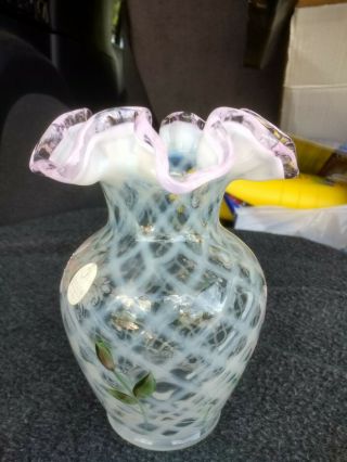 Fenton glass vase pink clear white lattice hand painted flowers ruffle rim top 4