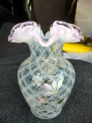 Fenton glass vase pink clear white lattice hand painted flowers ruffle rim top 5