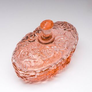 Vintage Pink Peach Depression Glass Candy Trinket Dish With Lid Rose Pattern 3