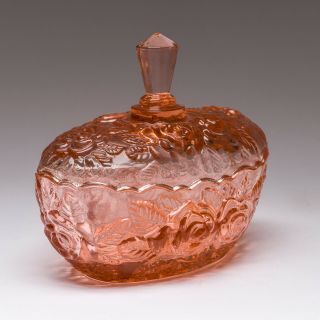 Vintage Pink Peach Depression Glass Candy Trinket Dish With Lid Rose Pattern 4