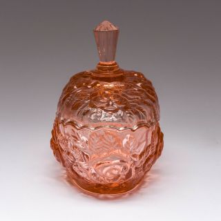 Vintage Pink Peach Depression Glass Candy Trinket Dish With Lid Rose Pattern 7