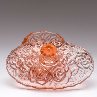 Vintage Pink Peach Depression Glass Candy Trinket Dish With Lid Rose Pattern 8