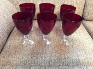 Vintage Ruby Red Wine/water Footed Goblets Ball Stem - Set Of 6