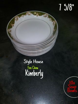Vintage Style House " Kimberly " Fine China Made Japan 10 Soup Bowls 7 5/8 " Green