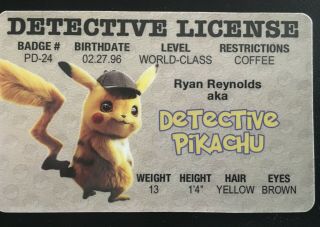 Detective Pikachu License Id Drivers Pokemon Movie Ryan Reynolds Collectors Card